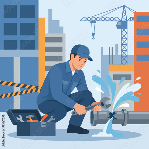 A focused plumber inspects a leaking pipe at a construction site, using tools to repair the issue while surrounded by modern buildings and equipment, showcasing skilled craftsmanship.