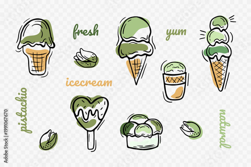 Hand drawn doodle ice cream set with pistachio flavor, cones, sundaes and popsicles. Cute sketch style vector illustration perfect for cafe menus, dessert branding, summer designs and food projects.