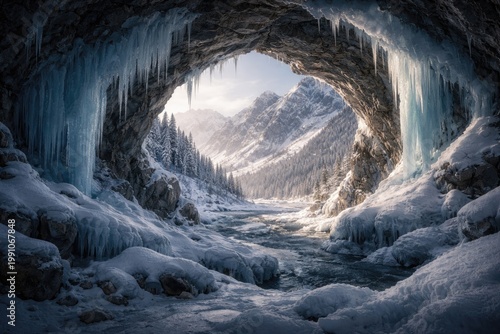 Icy mountain cave hole fram...