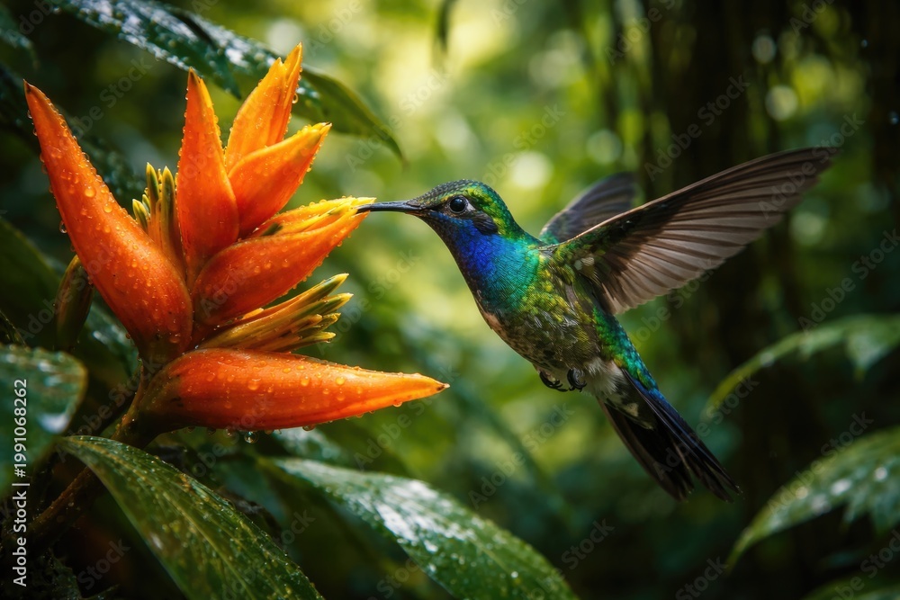Fototapeta premium Tropical hummingbird exploring bright orange flower in dense forest