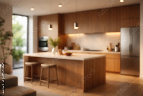 blurred modern wood kitchen...