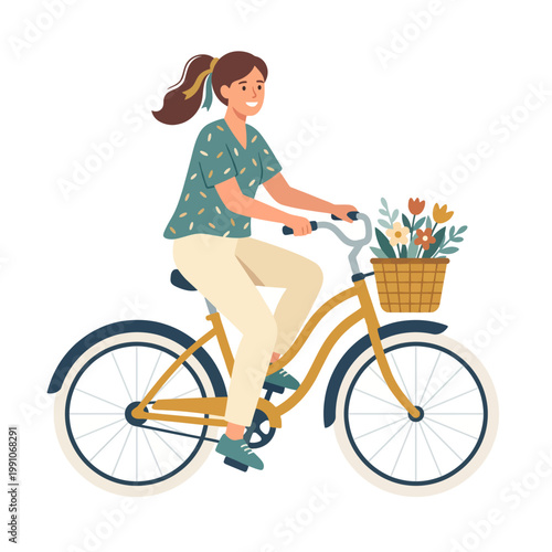 A joyful young woman rides her bicycle with a basket full of flowers, embodying freedom and happiness on a pleasant day, surrounded by nature's beauty and vibrant colors.