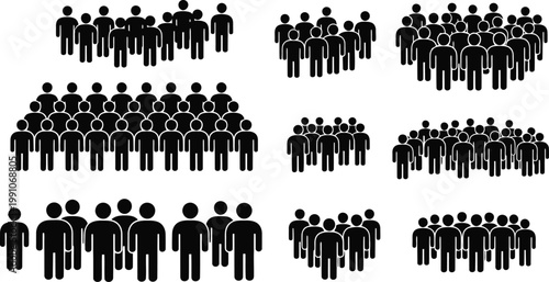 People group silhouettes collection, crowd icons representing community teamwork audience diversity isolated on dark background for social network design concept