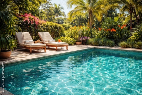 Sunlit swimming pool reflec...