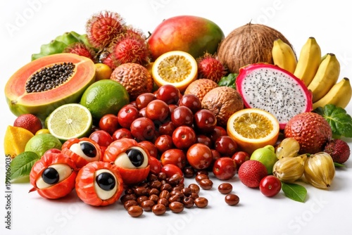 Assorted tropical fruits featuring guarana seeds and jujube berries arranged on a clean white backdrop