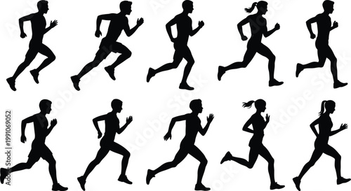 Running men and women silhouettes collection isolated on white background, athlete sprint poses set, fitness training motion, black vector illustration