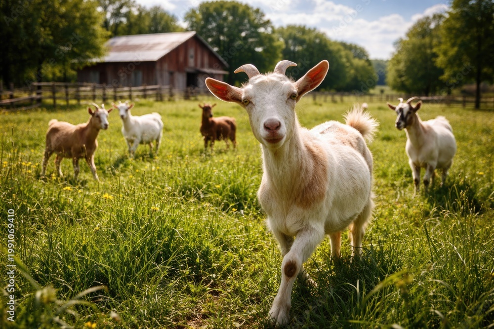 Fototapeta premium Cheerful goats roaming freely across vibrant grassland on organic farm