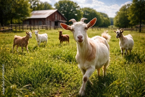 Cheerful goats roaming free...