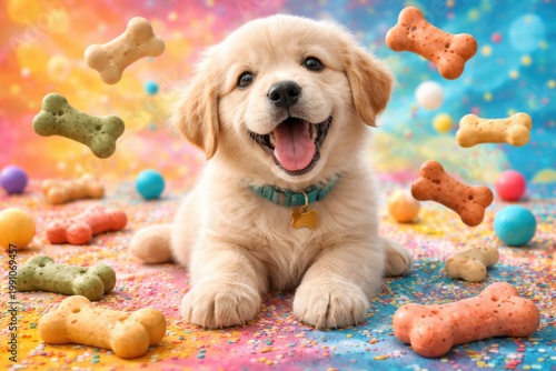 Joyful puppy with bone shap...
