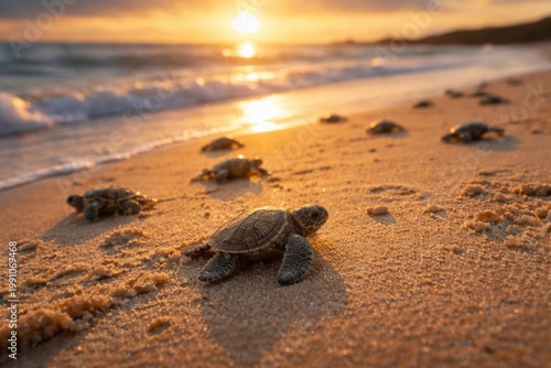 Tiny sea turtles playfully ...