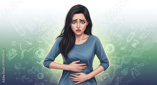 Woman experiencing stomach pain or discomfort.