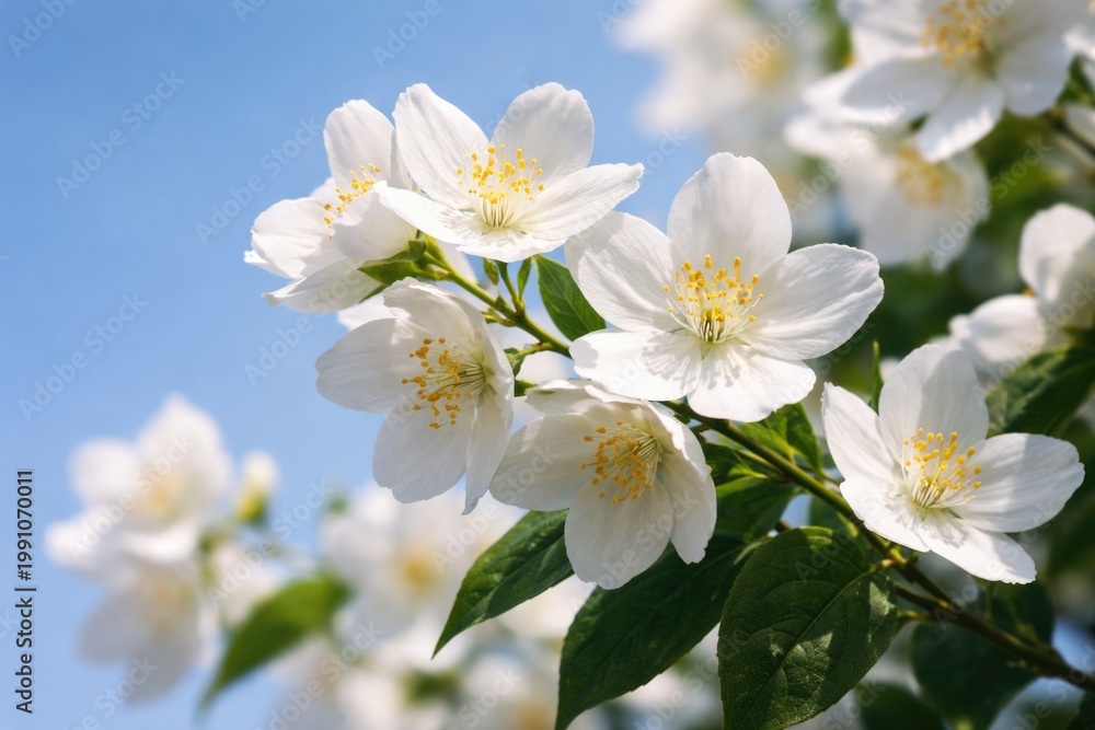 Fototapeta premium Close up of jasmine flowers over bright blue sky with gentle shadow background for design