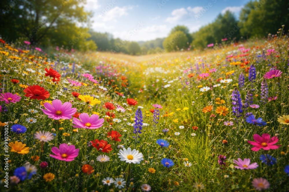 Fototapeta premium Colorful blossoms spread across a sunny meadow highlighting nature's charm