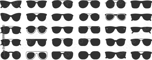 Sunglasses silhouettes collection set, various eyewear styles icons, fashion accessory vector illustration, modern minimal design, black shapes isolated background