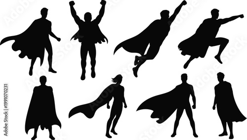 Superhero silhouettes collection, showing dynamic poses, flying jumping standing heroic characters isolated on dark background for comic design illustration pack