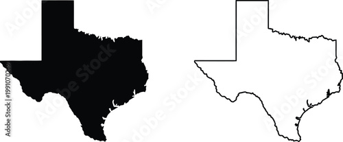 Texas state map silhouette, solid and outline geographic shape of USA region isolated on white background for design vector illustration
