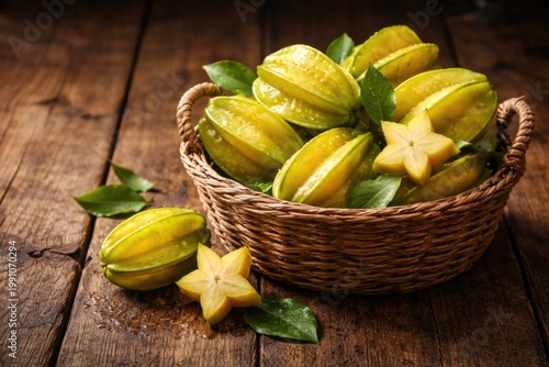 organic star fruit in wicker basket on rustic wooden table with copy space