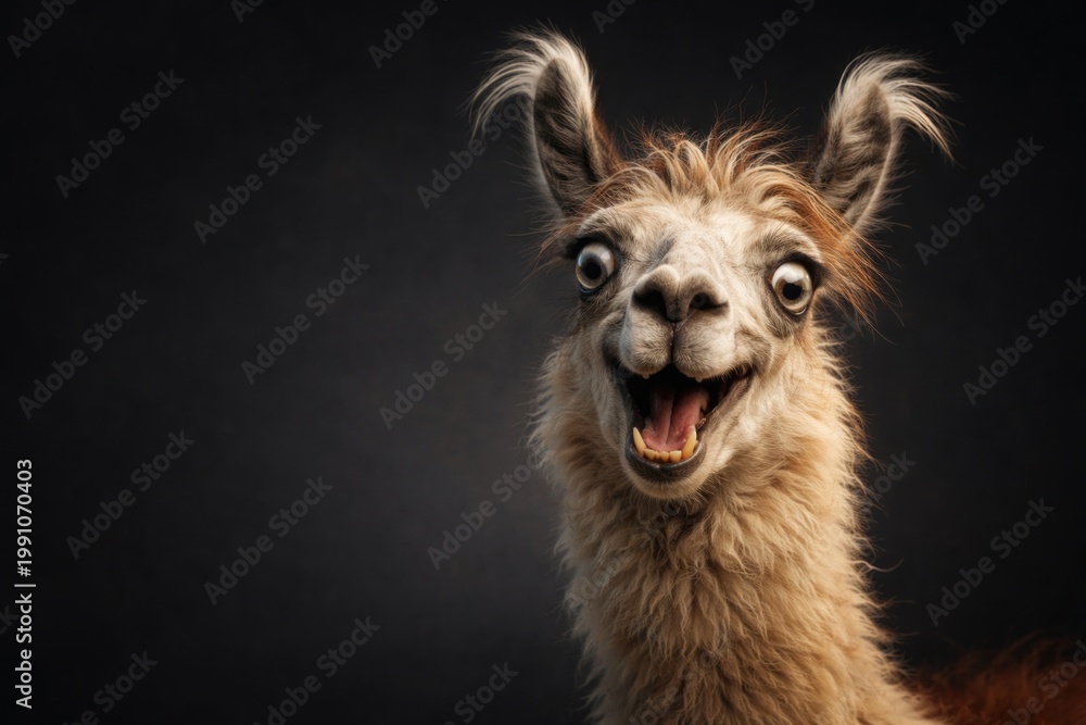 Fototapeta premium Comical llama with a goofy face showing a silly expression on a dark backdrop with copy space