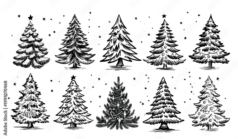 Fototapeta premium Christmas tree set on white. Hand drawn illustration.