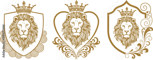 Set of Three Golden Heraldic Lion Crests with Royal Crowns and Ornate Shield Frames
