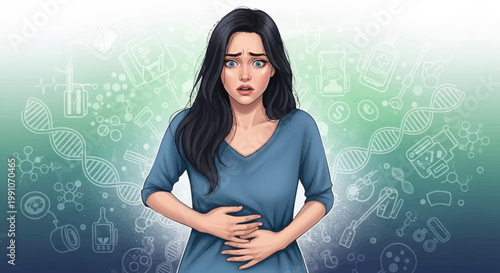 Woman experiencing stomach pain or discomfort.