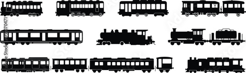 Train silhouettes collection isolated on white background, railway transport vehicles set, locomotive and passenger cars, black vector illustration design elements,