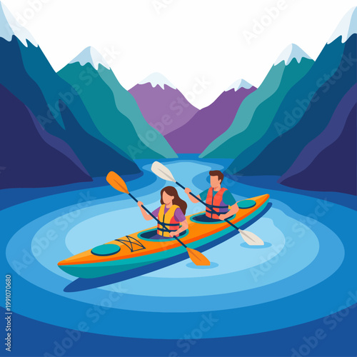 This serene illustration captures a couple kayaking together on a tranquil river, emphasizing themes of adventure, exploration, and the intimacy of shared experiences in nature.