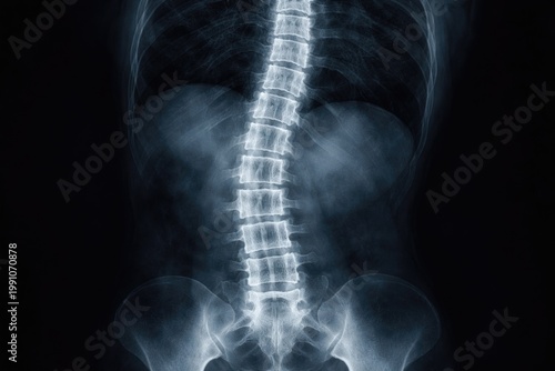 Medical imaging showing a detailed X-ray of the human spine highlighting vertebrae on a dark backdrop for clinical evaluation