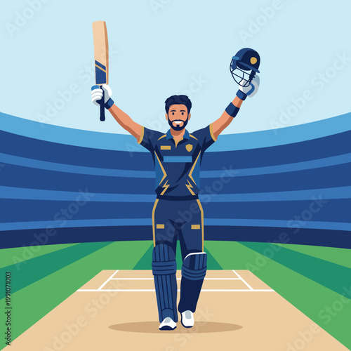 Foto An animated cricketer raises his bat in celebration of a victory at a vibrant cricket stadium, capturing the spirit of sportsmanship, achievement, and excitement