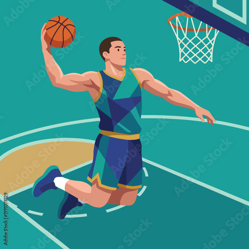 An energetic basketball player showcasing an impressive dunk, capturing the thrill of sports with intense motion and a vibrant athletic aesthetic representing dedication and strength.