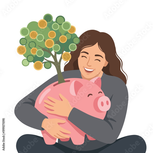 A happy person hugs a piggy bank with a tree growing from it, symbolizing financial growth, saving habits, and the importance of securing one’s future.