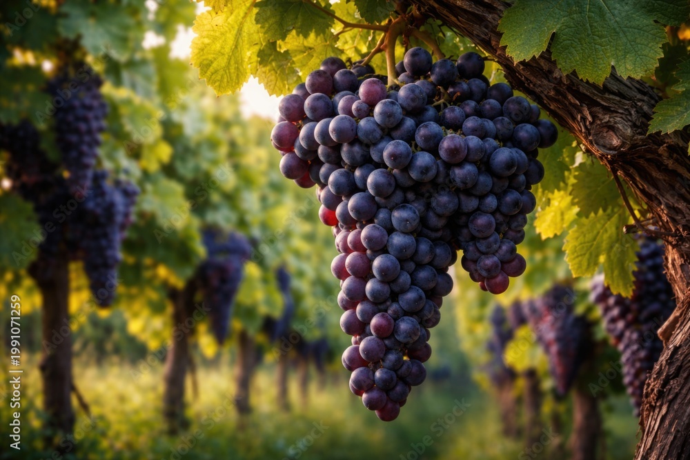 Fototapeta premium Cluster of Corvina Veronese grapes ripening on a dense vine in a lush vineyard