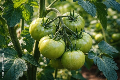 Cluster of green tomatoes m...