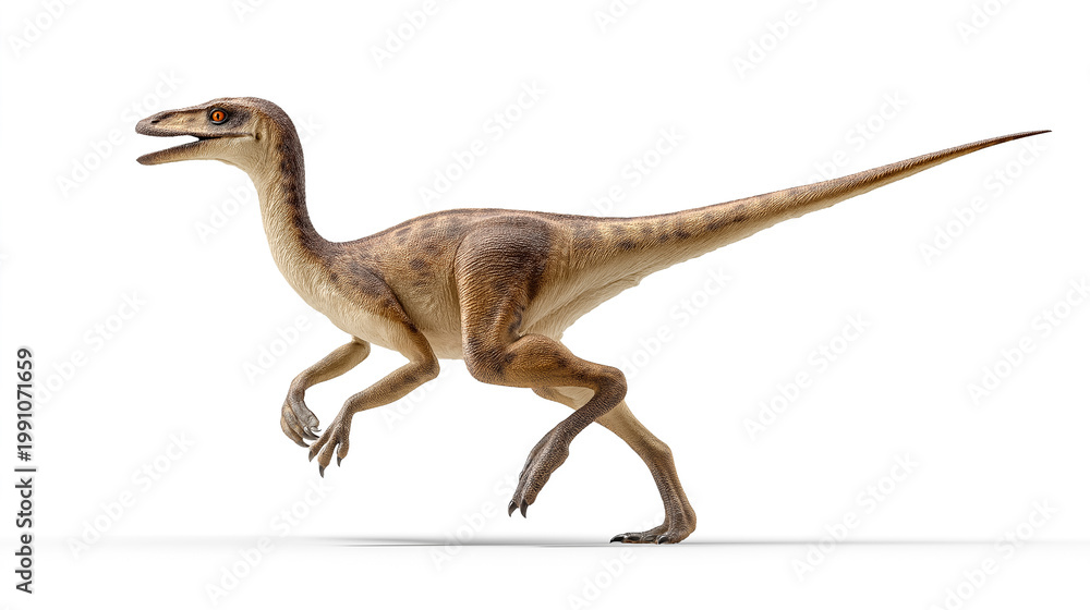 Fototapeta premium Gallimimus dinosaur running fast in dynamic stride, realistic prehistoric animal isolated on white background with copy space