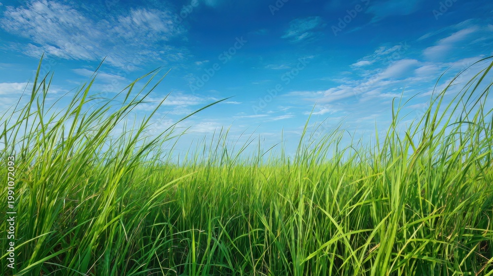 Obraz premium Green grass grows in a field under a blue sky.