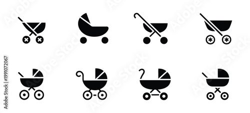 Baby Stroller Icon Set, Buggy and Pram Carriage Symbols, Baby Carriage Line and Glyph Icons Collection, Stroller and Carriage Vector Icons Isolated on White Background