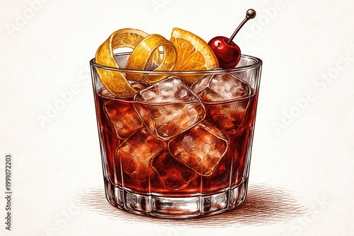 Vintage engraved style Negroni cocktail with ice cubes lemon twist cherry and orange on white background