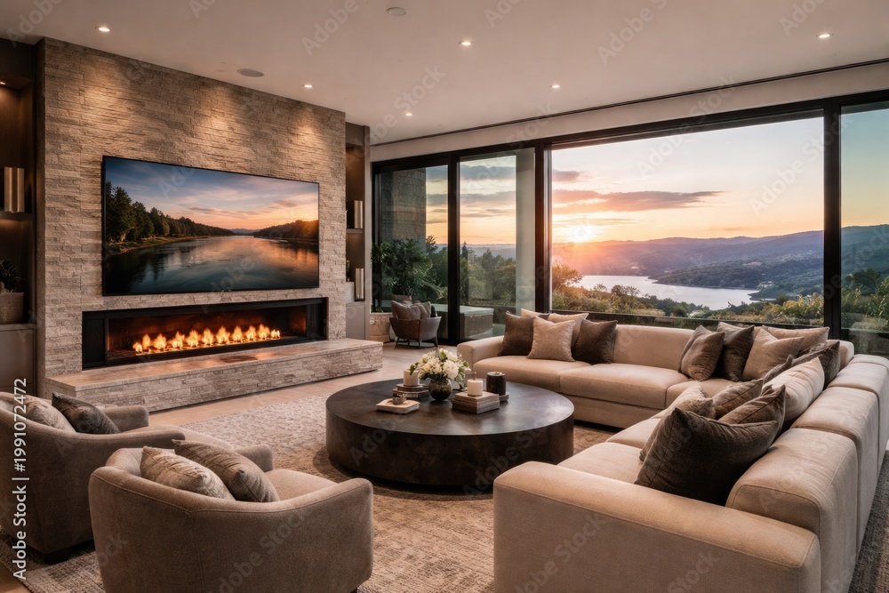 Fototapeta premium Elegant living room featuring a cozy fireplace and modern television with spacious seating and panoramic view