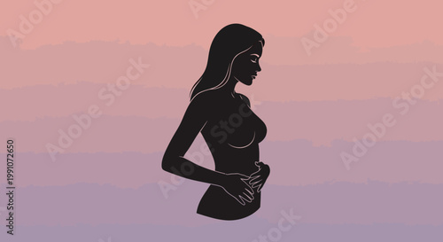 Pregnant woman silhouette against sunset.