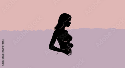 Pregnant woman silhouette at sunset.