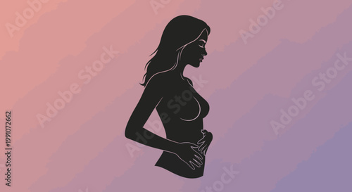 Silhouette of pregnant woman in profile.