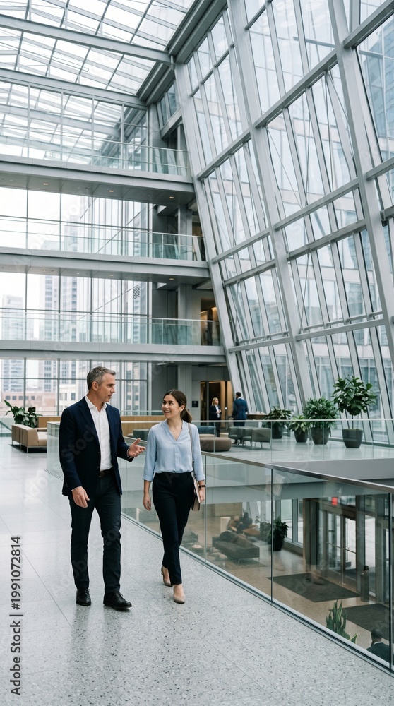 Fototapeta premium Professional business colleagues walking and talking in a modern corporate office atrium with glass architecture