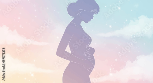 Pregnant woman silhouette against pastel sky.