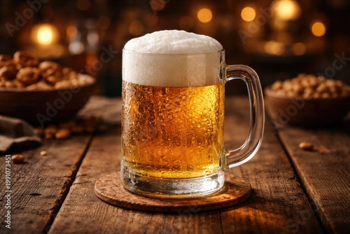 Cold beer mug on rustic woo...