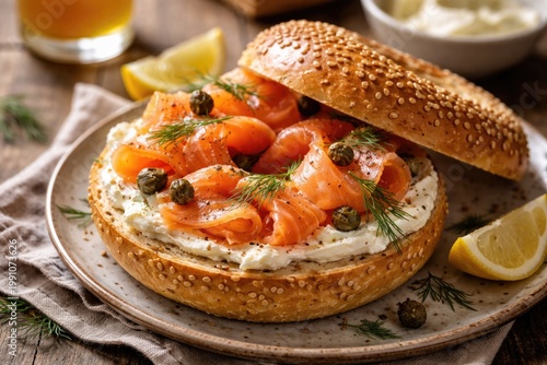Tasty morning meal of bagel...