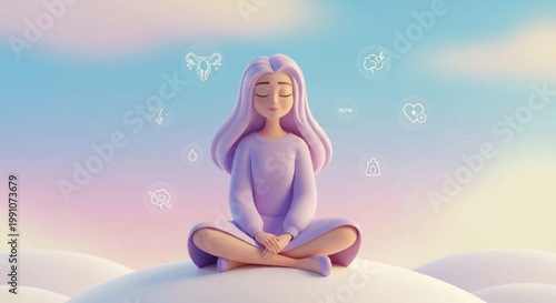 Woman meditates peacefully on cloudy mountain.