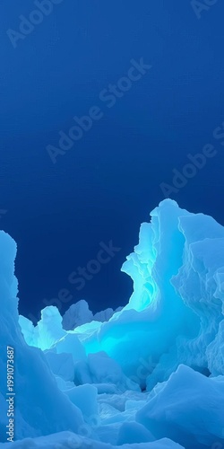 Arctic ice formations glowing with cool blue light, serene and untouched nature,  blue,  cold