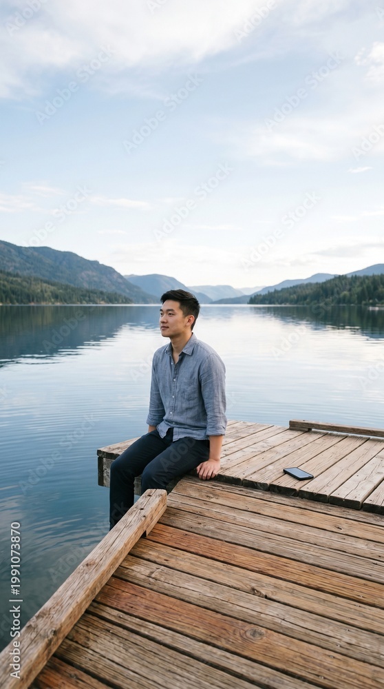 Fototapeta premium Young Asian man sitting on a wooden pier by a calm lake with mountain views