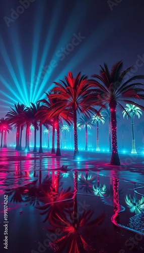 Augmented reality palm trees sway in a radiant haze, projecting fractal patterns onto wet, reflective sands,  reflective beach,  radiant haze