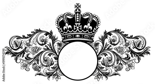 Black and white royal crown design element.
